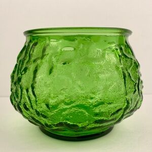 EO Brody Green Crinkle Glass 6 in Wide Mouth Flower Bowl Vase Vintage MCM USA